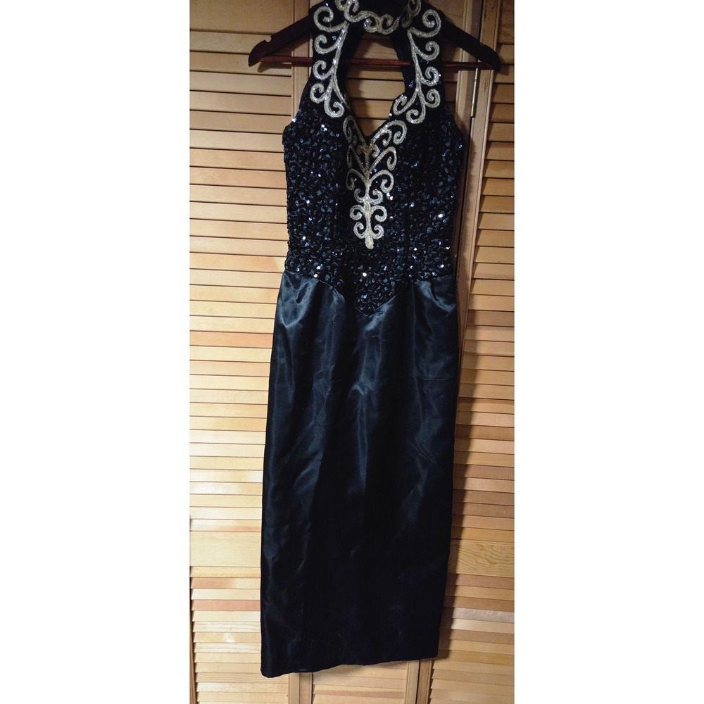 Mike Benet Formals Vintage Black Sequin Halter Gown Gold Embroidery Satin Maxi